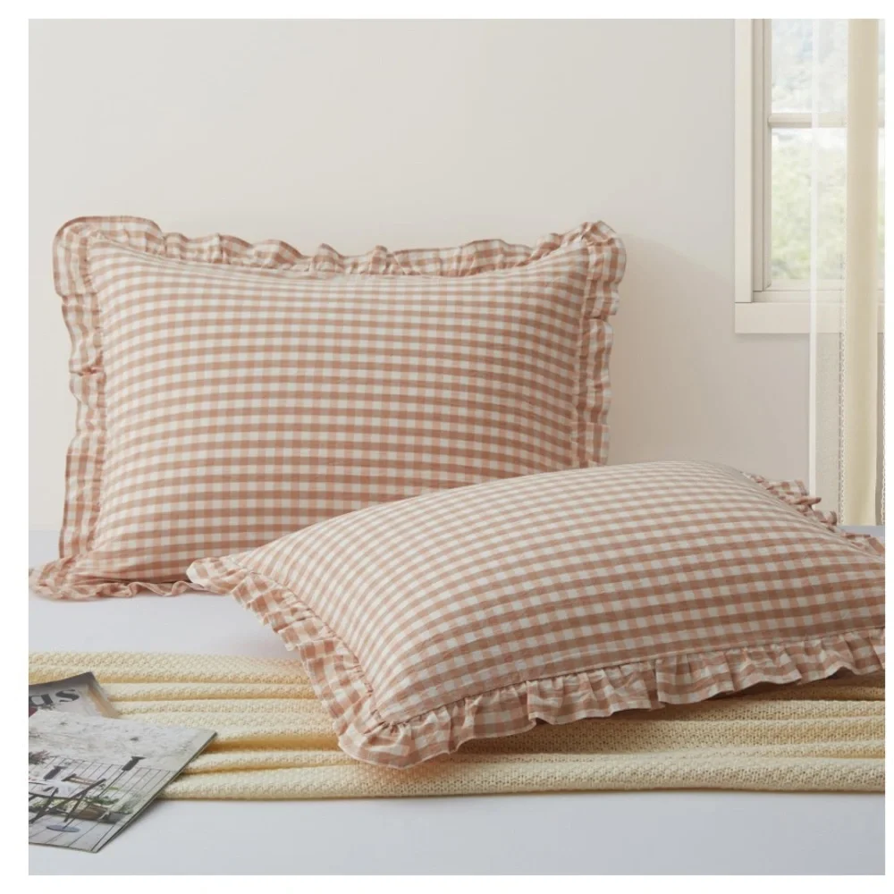 Cozy Gingham Ruffled Pillowcase Set - Light Pink Plaid Cream